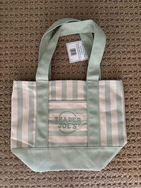 Trader Joe Mint Green & White Striped Canvas Tote Bag